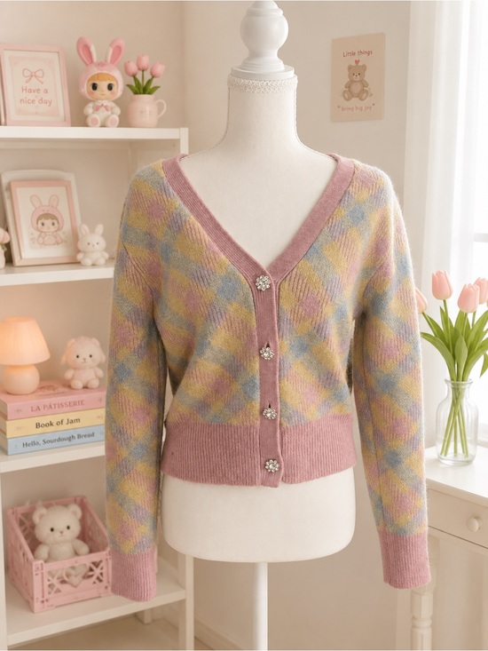 Zara Sweaters - Zara Pastel Argyle Fuzzy Knit Cardigan Jewel Button Sweater Size M